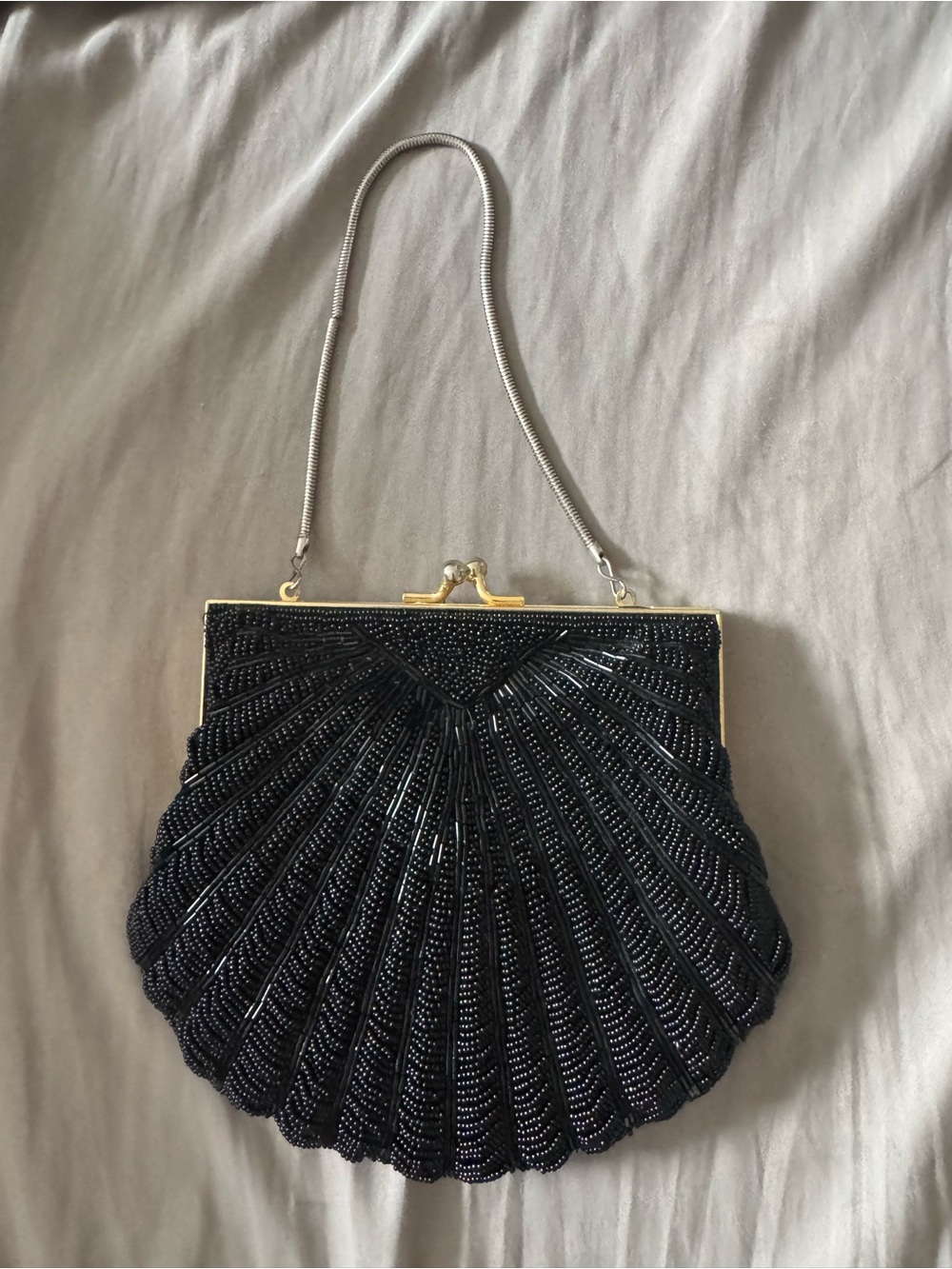 Vintage Black Beaded Evening Bag Art Deco Fan Shell Kiss Lock Cocktail Purse